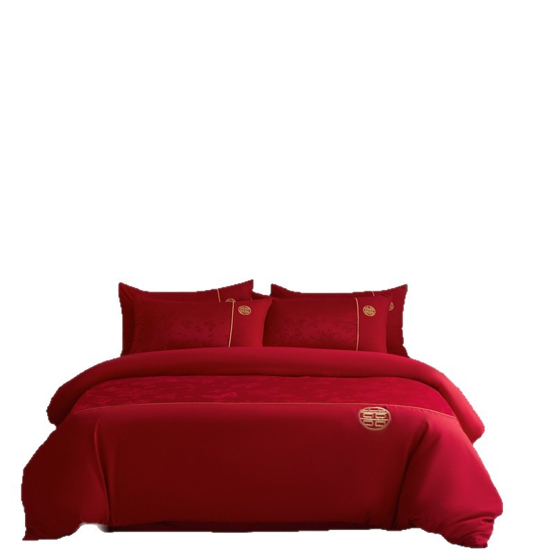 High-End Jacquard Wedding Four-Piece Set Red Wedding Quilt Cover Pure Cotton Bed Sheetss and Fitted Bed Sheetss Newlywed Wedding Quilt Bedding