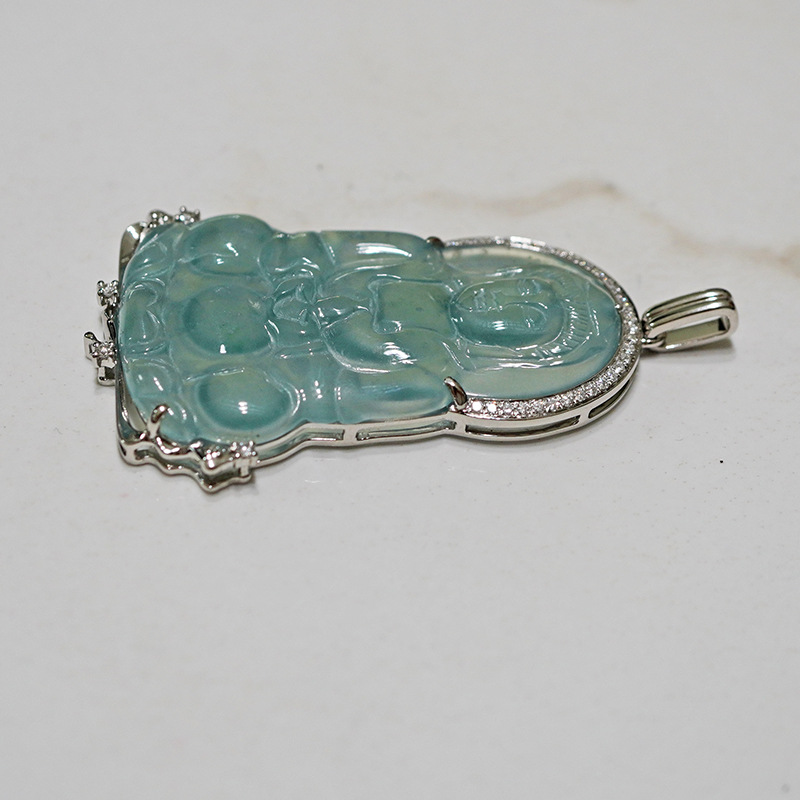 Platinum Pt950 Cultivated Diamond Jade Guanyin Inlaid Full Diamond Pendant