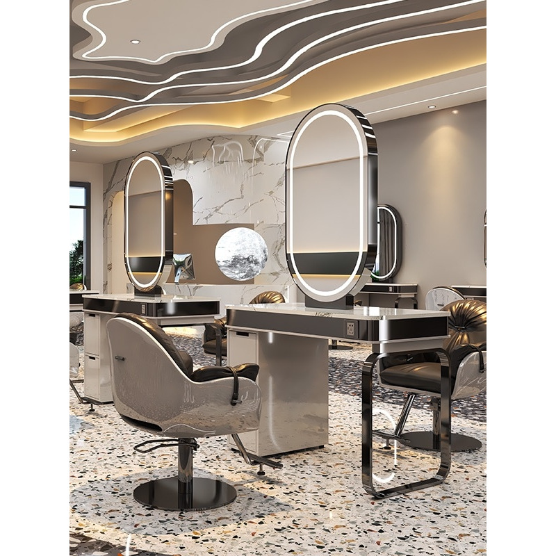 High-end barber shop mirror table hair salon dedicated single-sided double-sided marble hair mirror with cabinet cutting and perm dyeing table