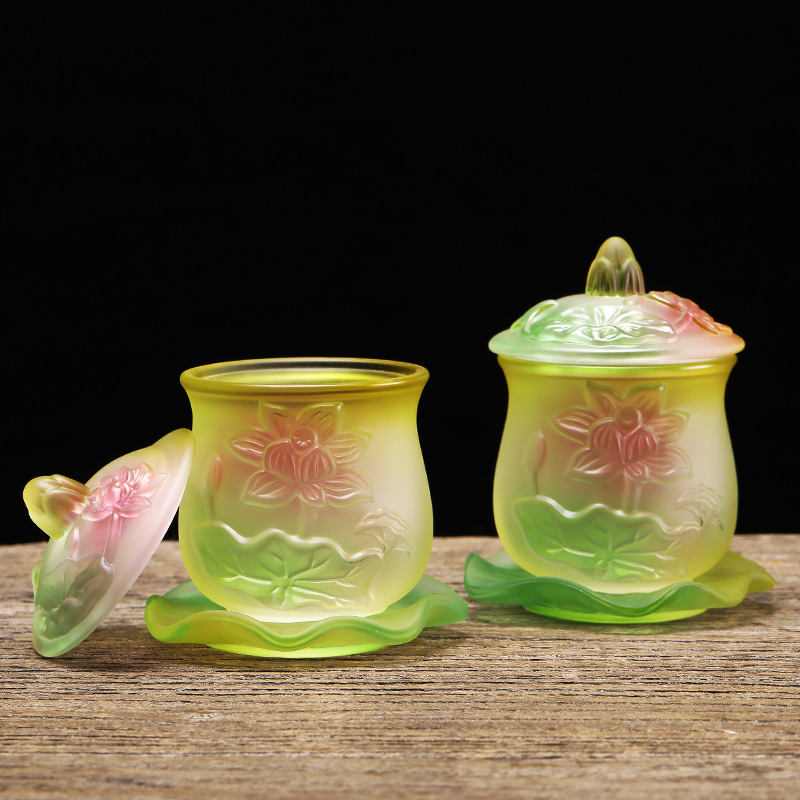 Glazed Water Cup Buddha's Holy Water Cup Lotus Water Cup Glass Tribute Cup Wholesale Tribute Cup Lotus Water Bowl with Lid