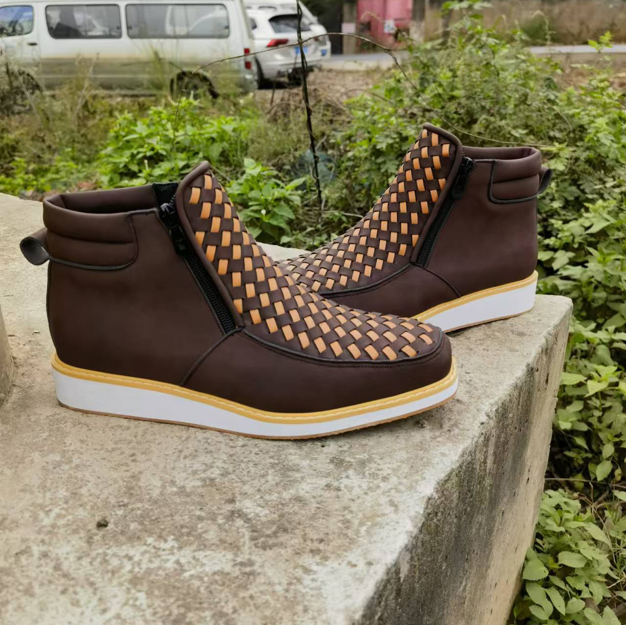 2024 Amazon Independent Station Cross-border Foreign Trade New Side Zipper European and American Retro Hand-woven Western Cowboy Boots