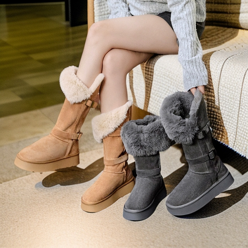 2025 Autumn/Winter New Style Two-Way Wear Thickened Long Boots with Belt Buckle, Fleece-Lined Warm Cotton Shoes, Thick-Soled Snow Boots for Women