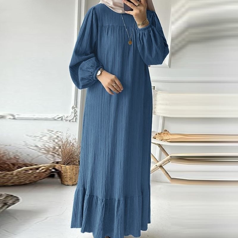 Foreign Trade Muslim Women's Robe Spring & Fall Fashion Long-Sleeved Retro Long Skirt Pure Color Ruffled Hem Dress for Women