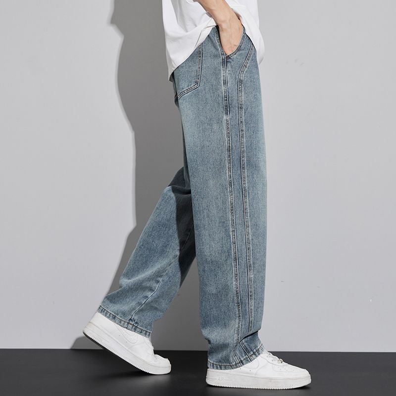 Autumn and Winter Men's Loose Straight-Leg American-Style Wide-Leg Casual Jeans with Fleece, Thickened, Elastic Waist, Trendy