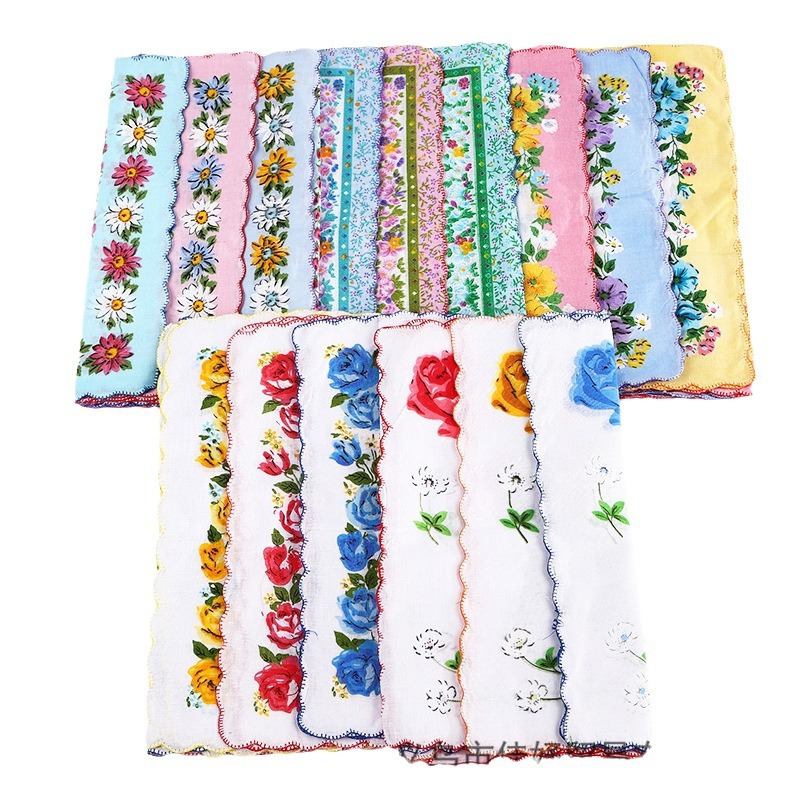 Hot sale classic cotton small fresh color printed small floral handkerchief tooth edge handkerchief multi-style optional wholesale