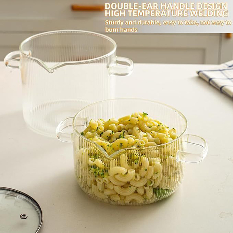 Bear Striped Pot Glass Pot Soup Pot Thickened Double-Handle Transparent Glass Milk Pot Instant Noodle Bowl High-Value Hot Pot Non-Stick