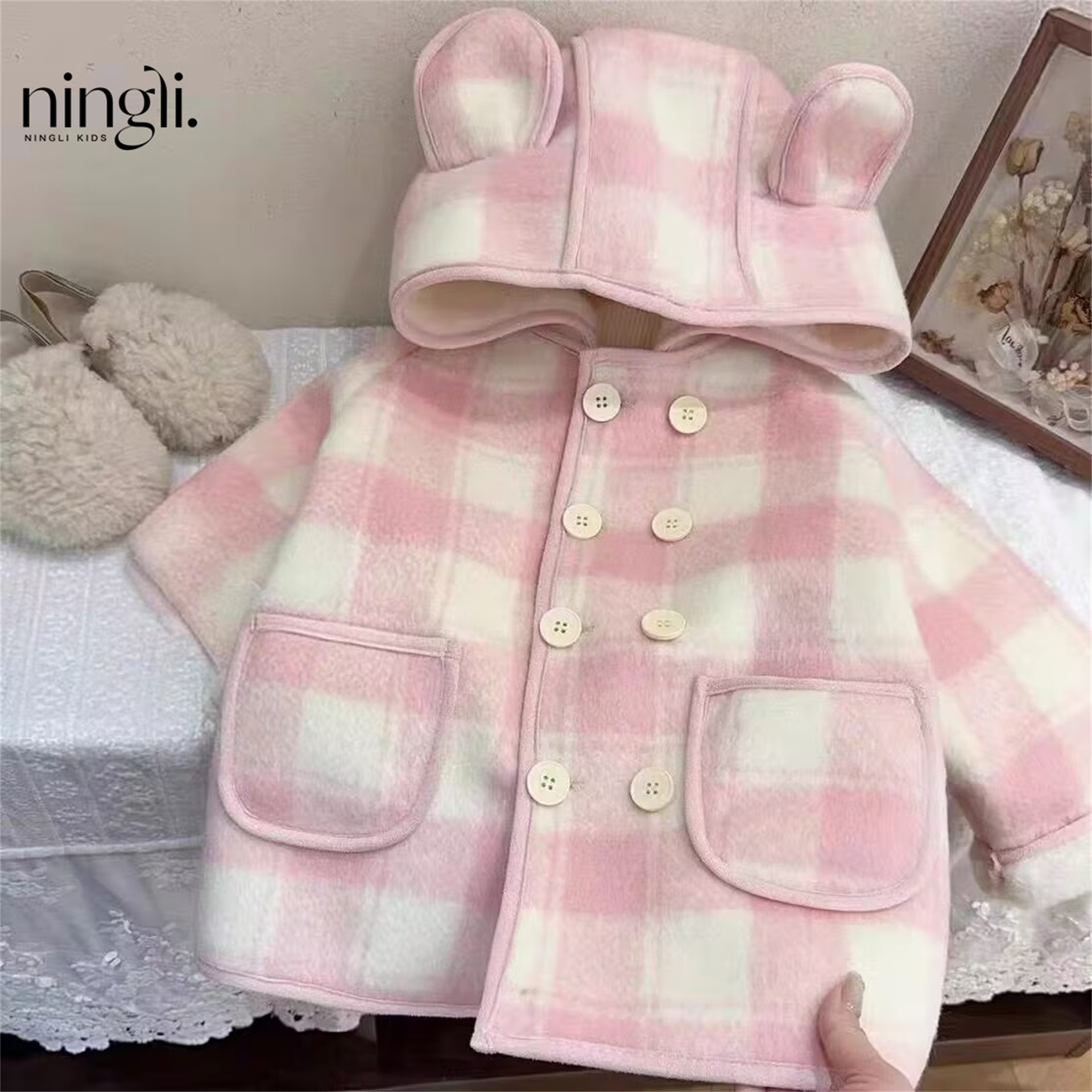 Girls' Wool Coat New Autumn and Winter Stylish Baby Girl Children's Mid-Length Plaid Woolen Coat Cross-Border