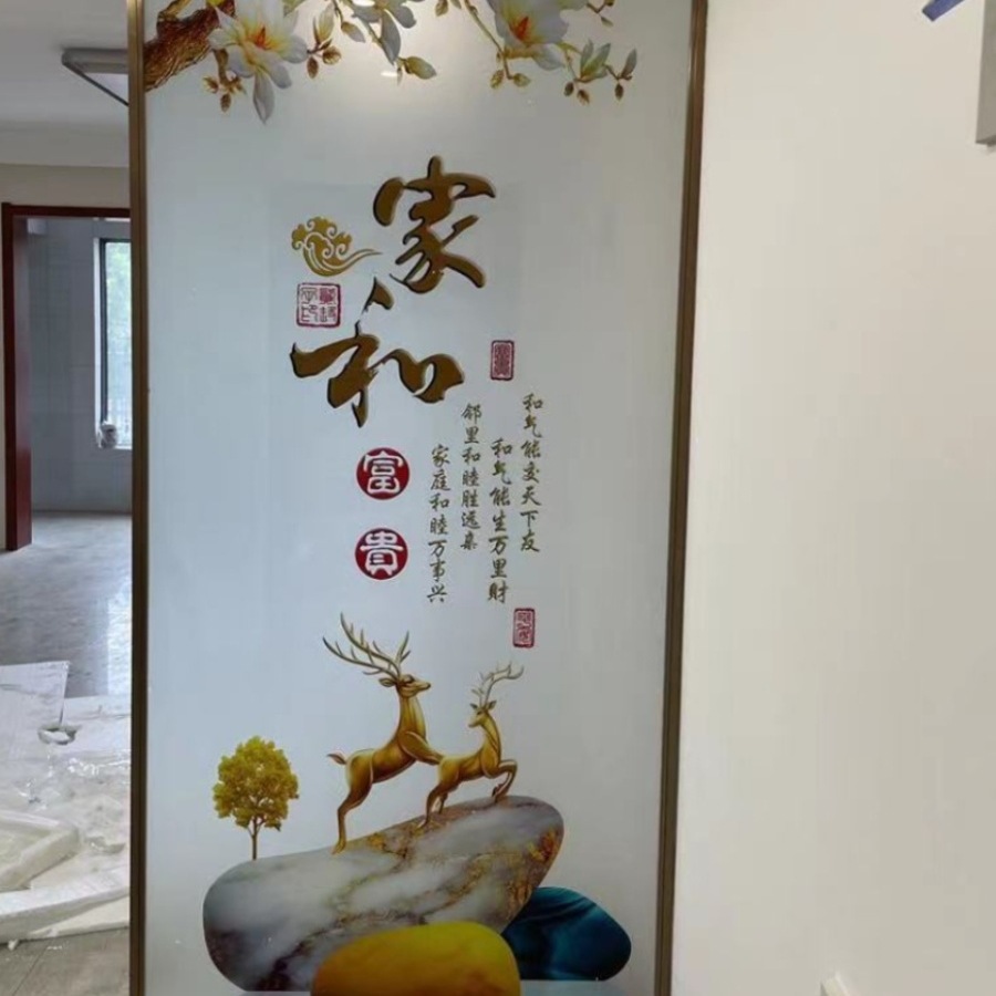 New Chinese-Style Painted Art Glass Screen Partition Background Wall Wine Cabinet Frosted Translucent Double-Sided Entrance Entrance Tempered
