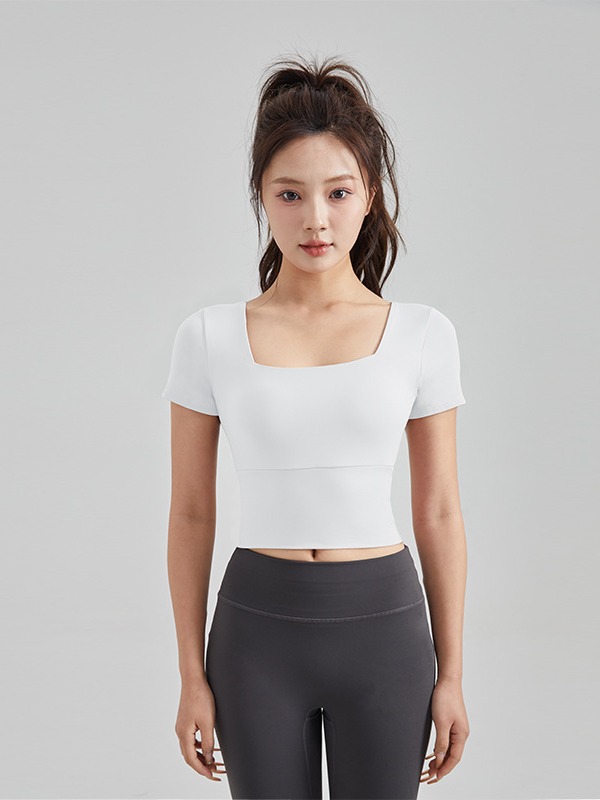 New LULU Square Neck Yoga Short Sleeve Sports Tight Quick-drying Fitness Top with Chest Mat Yoga Clothes Women's Summer