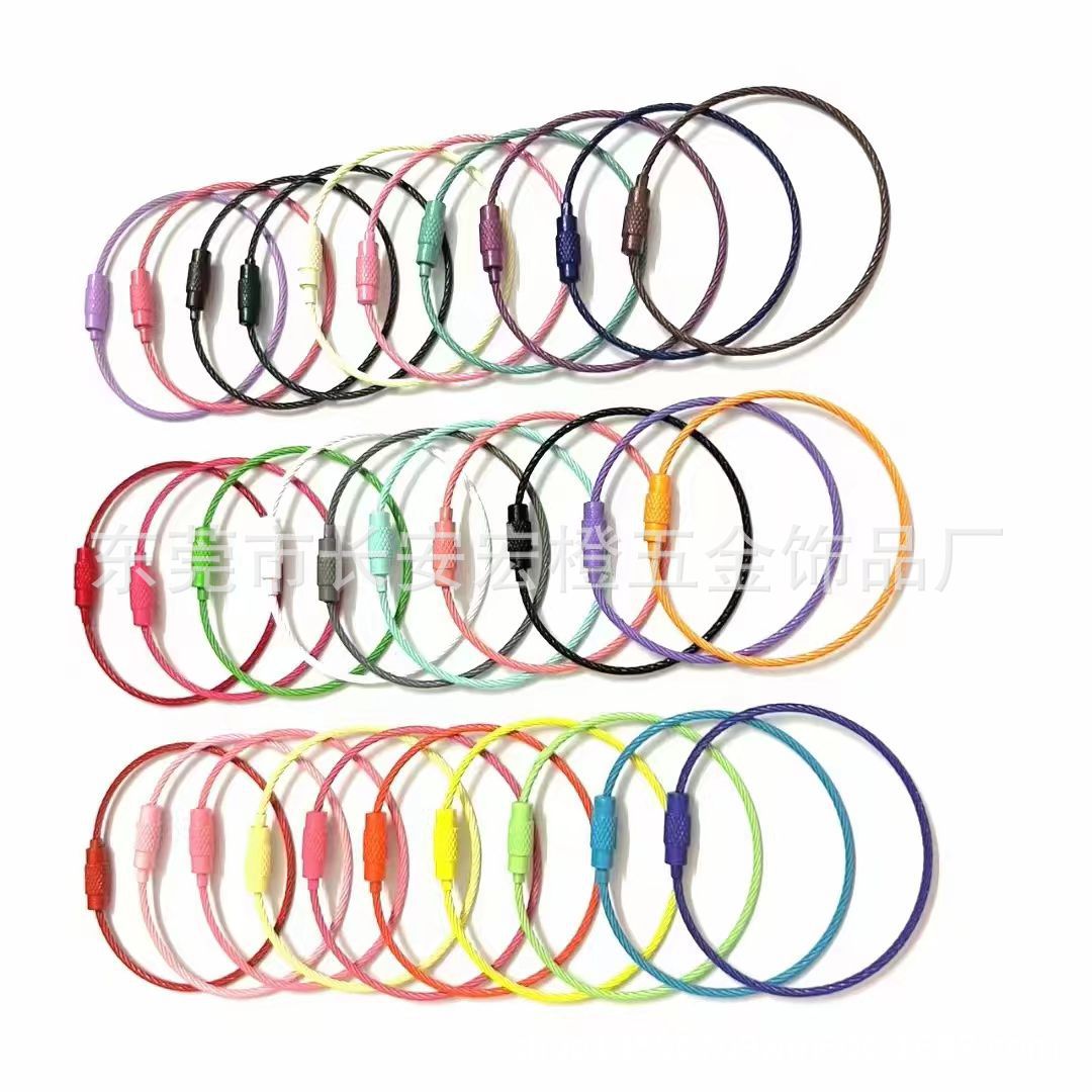 Color paint stainless steel wire rope wire ring girl heart creative key ring with button rotating key chain