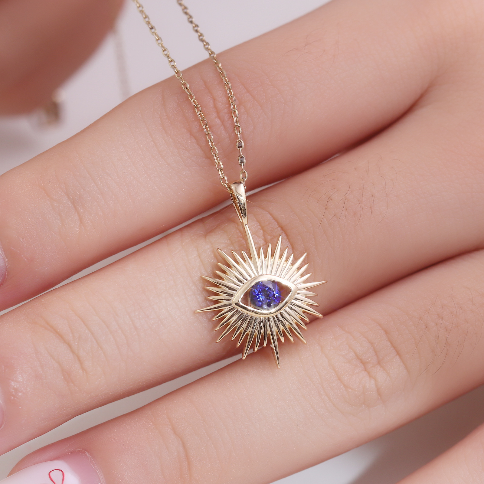Turkish Eye Retro Necklace Real Gold Electroplating European and American Devil Inlaid Cultivated Sapphire Light Luxury Clavicle Chain Necklace