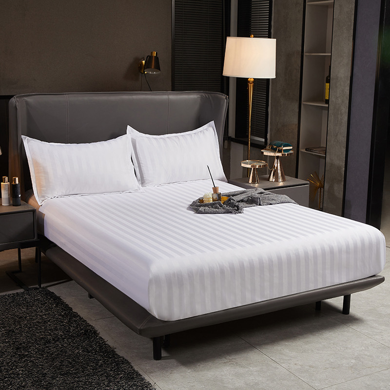 Hotel Linen Satin Four-Piece Set, Guesthouse and B&B All-Cotton Bedding, White Ribbed Bed Sheet, Fitted Sheet, Duvet Cover