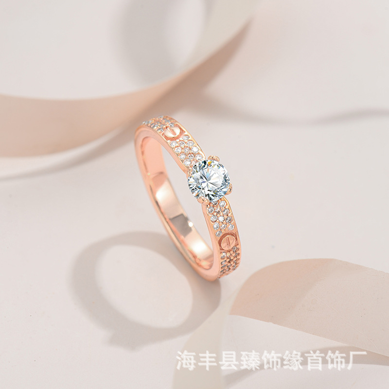 Sterling Silver S925 Ring Mosan Diamond 50 Points Electroplated Rose Gold Thick Gold Not Falling Light Luxury Advanced Colored Diamond Ring