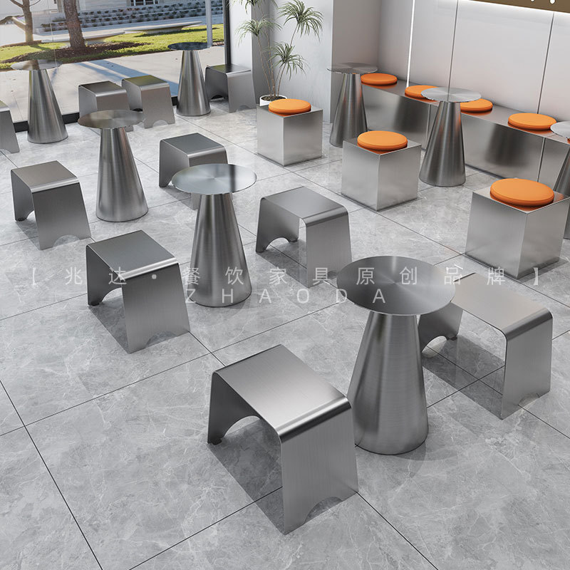 Trendy Milk Tea Shop Dining Table and Chairs, Industrial Style, Simple Stainless Steel Round Table, Light Luxury Bar Counter, Metallic Silver Long Booth Seating