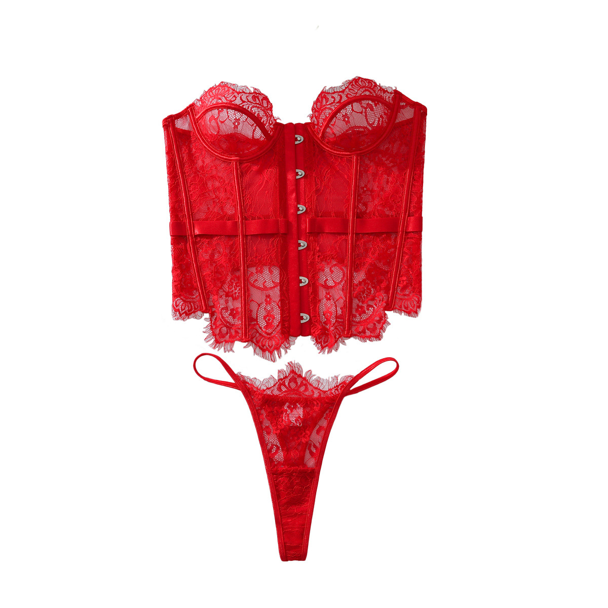 European and American Hot-Selling Pure Lust Eyelashes Lace Curves Low-Cut Fishbone Slimming Body-Shaping Sexy Intimates Set