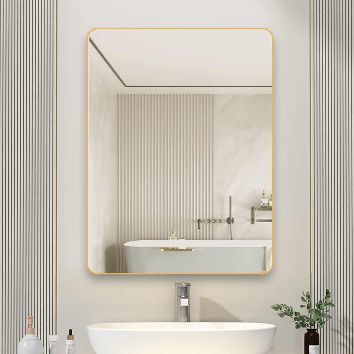 Bathroom Mirror Wall-Mounted Mirror Without Punching Wall-Mounted Framed Bathroom Toilet Washbasin High-Definition Makeup Mirror Glass