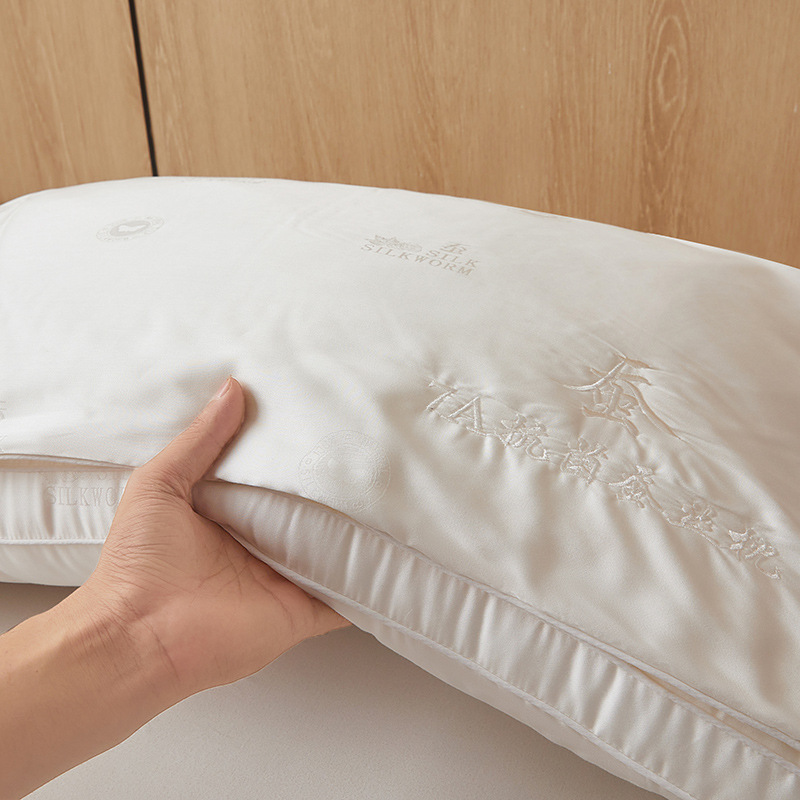 Class A Silk Pillow Embroidered Tussah Silk Three-dimensional Pillow Core Soft Rebound No Collapse Household Feather Silk Cotton Pillow Sleeping Pillow
