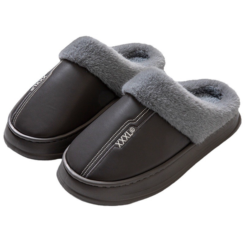Winter Extra Large Size Cotton Slippers Men's Pu Leather Slippers Waterproof Thick-Soled Home Indoor Non-Slip Warm Shoes 47 48 49
