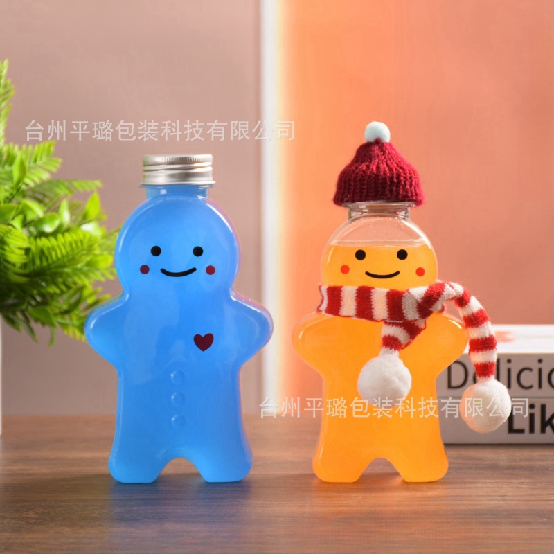 Factory Direct Supply 400ml Trendy Food-Grade Pet Packaging Beverage Bottle Milk Tea Cup Gingerbread Man Milk Tea Bottle