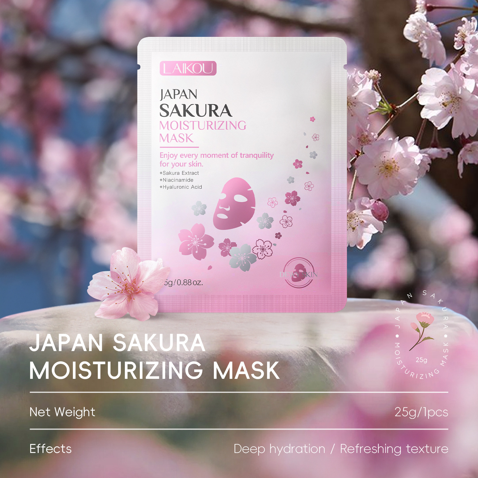 Cross-border LAIKOU Cherry Blossom Moisturizing Mask 25g Moisturizing Patch Mask Moisturizing English Foreign Trade Mask