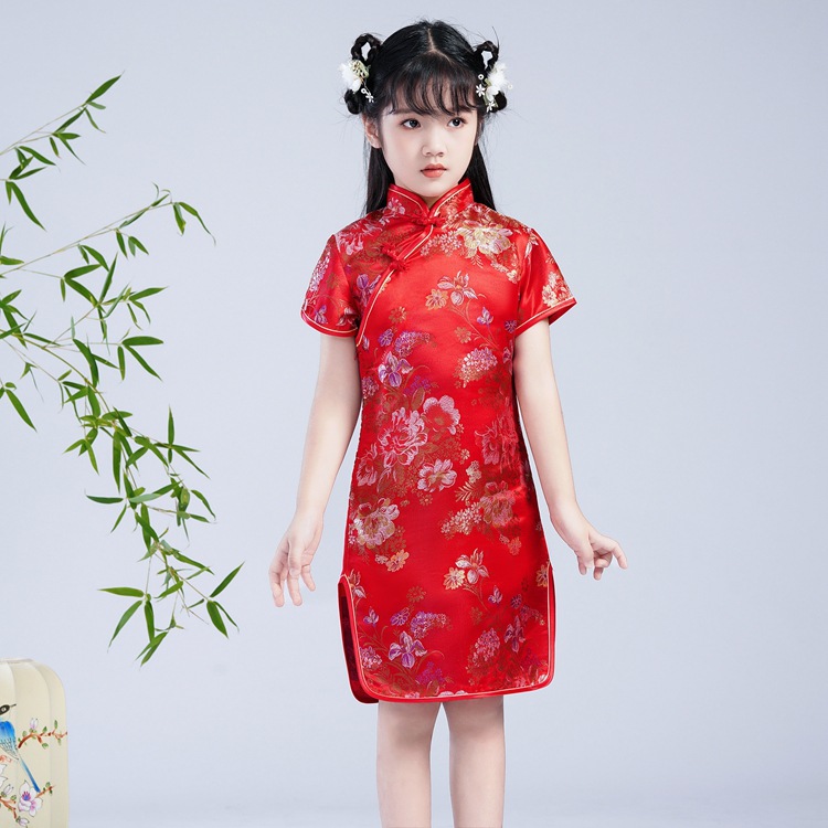 Chinese Style Girls' Cheongsam Retro Buckle Stand Collar Brocade Girl Summer Dress Medium and Large Children's Stage Performance Clothing