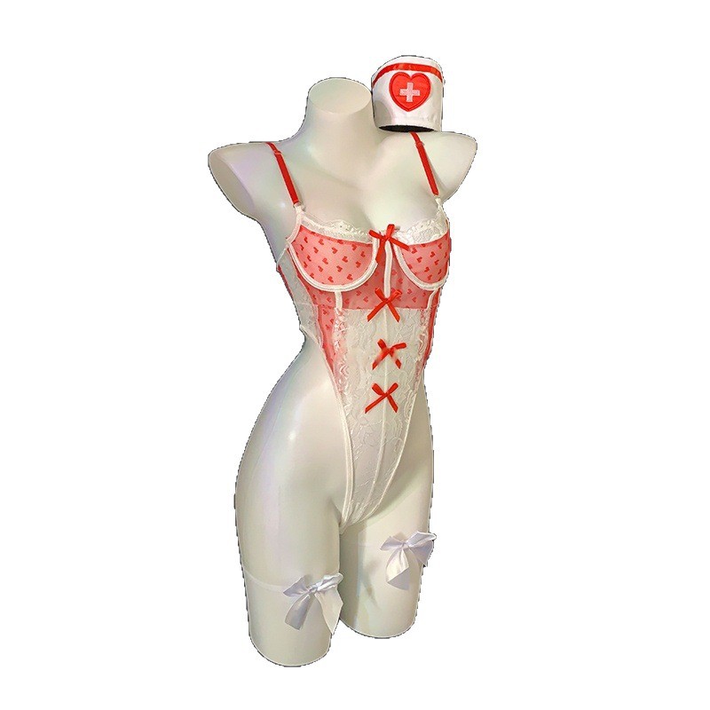 Sexy Lingerie, Pure Lust Style, Sexy Pajamas, Maid Uniform, See-Through Temptation Nurse One-Piece Suit, One-Piece Drop Shipping for Women