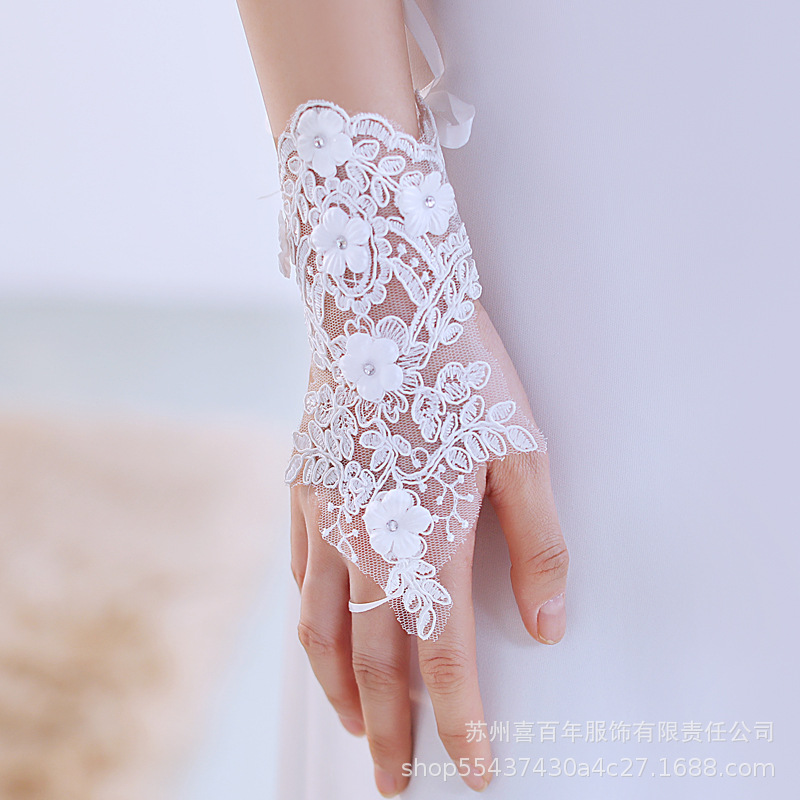 Bridal Gloves Finger Lace Flower Rhinestone Sexy Short Gloves White Black Strap Sequins Hollow-out Wedding Gifts