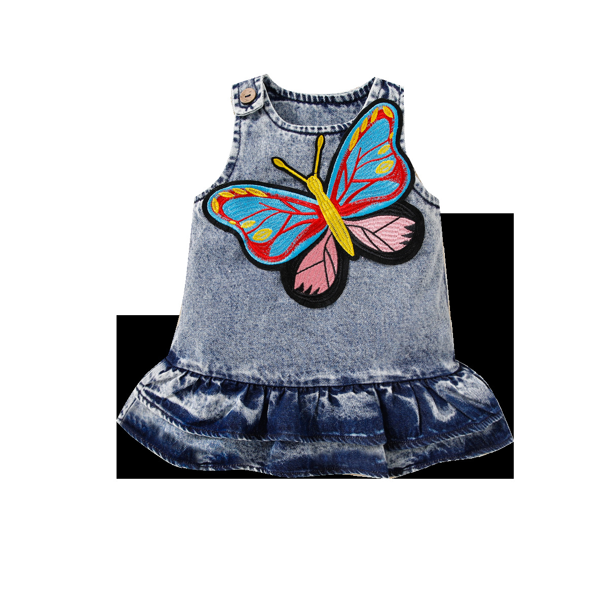 Summer New Style Baby Girl Big Butterfly Embroidered Retro Lace Suspender Denim Skirt