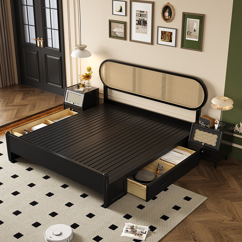 Nordic Solid Wood Rattan Bed Modern Simple Bedroom Silent Retro Black Bed French Middle 1.8m Double Bed