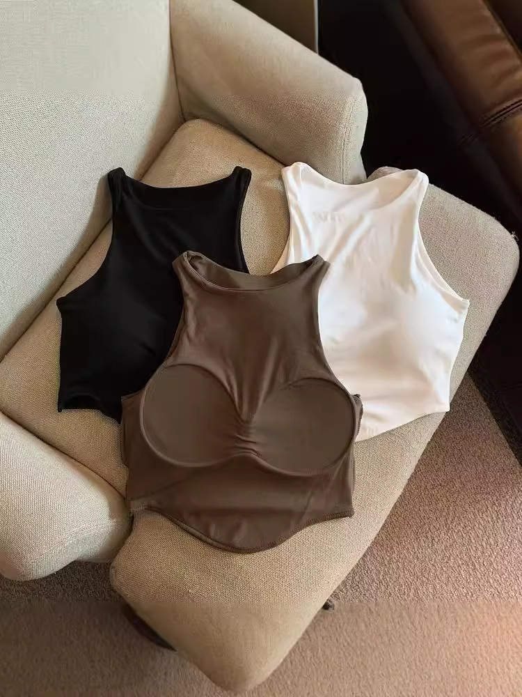 Cross-border American-style Summer Sweet Hot Girl Short Sleeveless Vest with Chest Pad Sexy Beautiful Back Navel Top for Women