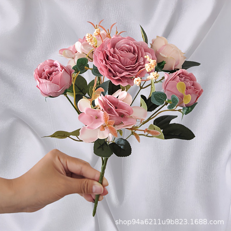 Retro Color Rose Artificial Bouquet Hydrangea Peony Home Living Room Decoration Fake Flower Silk Flower Dining Table Coffee Table