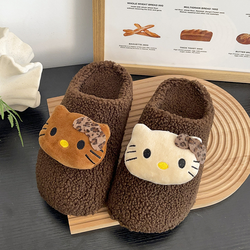 Cute Kt Cat Toe-Toe Furry Slippers for Women to Wear Outside in Autumn and Winter New Flats-Soled Home Warm Fleece-Lined Birkenstock Cotton Slippers