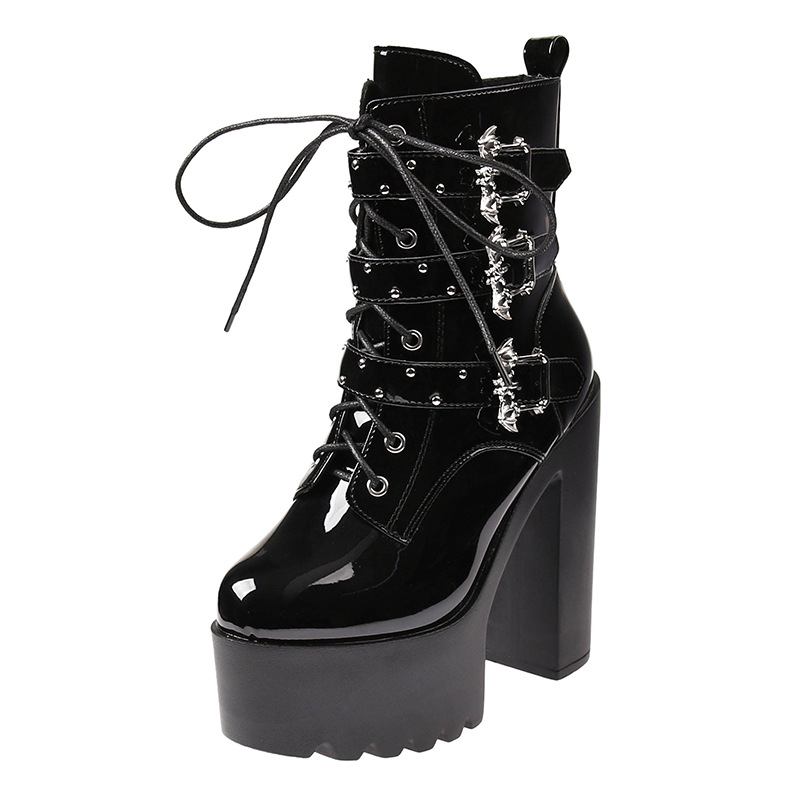 New Style Thick Heel Waterproof Table Pearl Chain Fashion Punk Boots Lace-up Bat Belt Buckle Women's Boots Thick Bottom Martin Boots