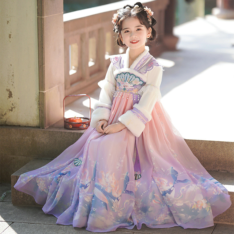 Девочки династии Хань осень и зима 2025 новый стиль платье принцессы с флисовой подкладкой детский китайский стиль танг костюм юбка