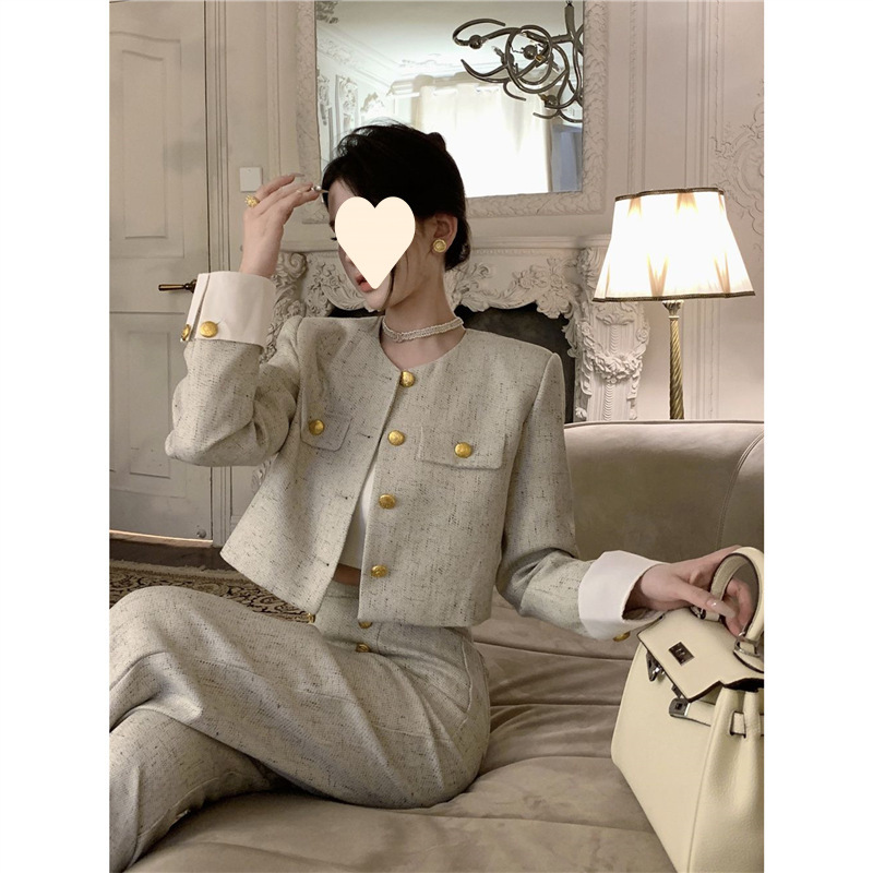 High-End French-Style Petite Fragrance Suit for Women, Spring and Autumn Outfit, Light Luxury High-End Jacket and Pants Two-Piece Set