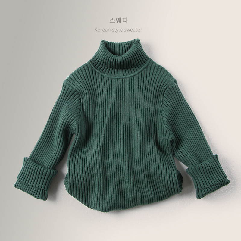 Spring 2024 Korean Mori Style High Collar Knitted Pullover for Boys and Girls Green Cotton Printed Winter South Korea Children's Wear