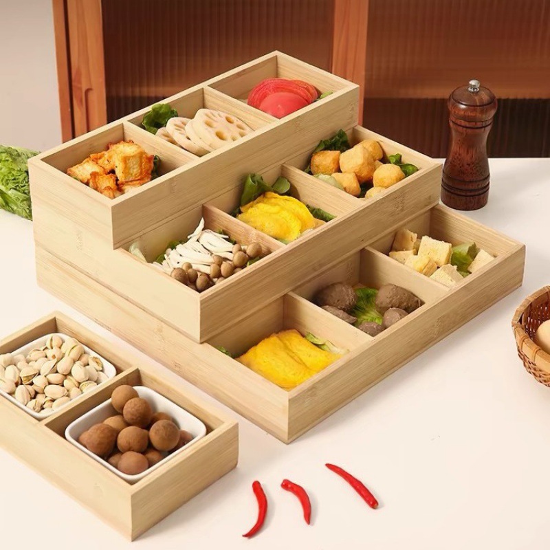 Bamboo Hot Pot Nine-Square Plate, Tea Snack Plate, Barbecue Side Dish Platter Three