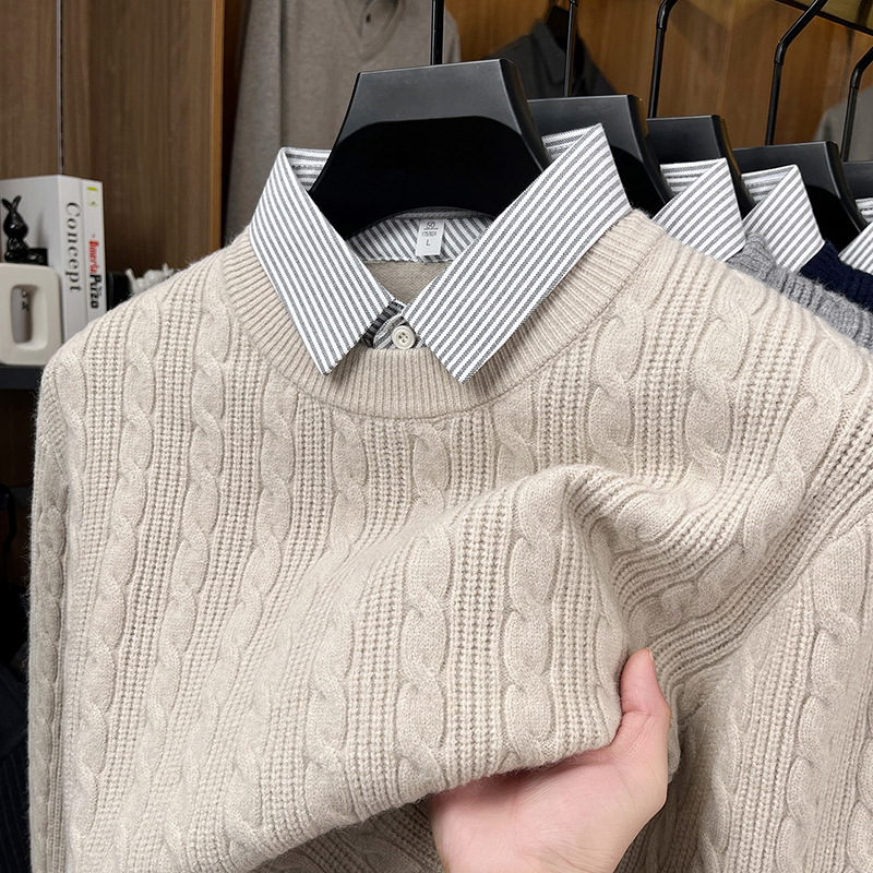 550г Мужской утолщенный кардиган с воротником, модный бренд, повседневный свободный теплый фальшивый двухслойный вязаный свитер