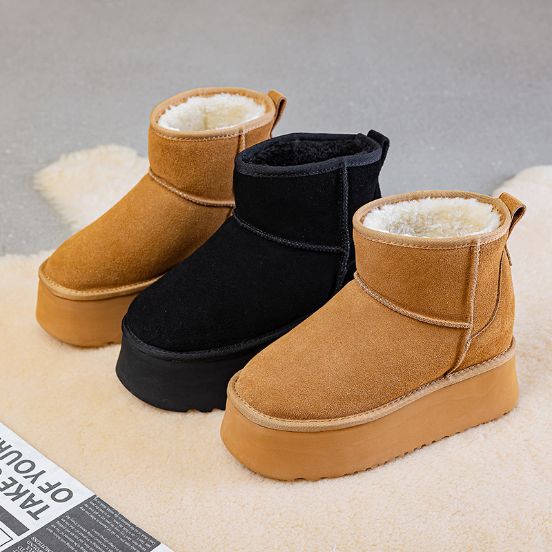 Zhou Dongyu Style Height-Increasing Snow Boots for Women, 11cm, Petite, Genuine Leather, Thick-Soled, Warm Loafers for Winter