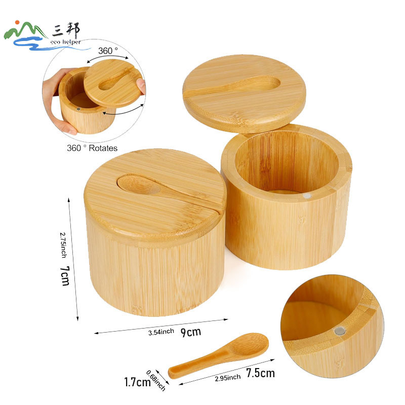 Bamboo Seasoning Storage Box Seasoning Jar with Lid Spoon Rotating Salt Jar Spice Jar Seasoning Bamboo Salt Bowl Container Box