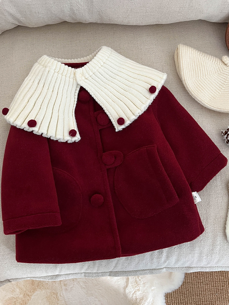 Girl's Winter Red Woolen Coat Western Style Little Girl's Doll Collar fleece-lined Chanel Style Baby's Festive New Year Dress