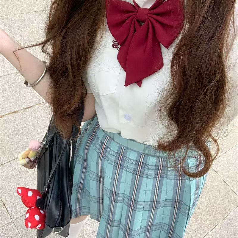 [glass sea] jk uniform plaid skirt genuine academic style girl's half pleated skirt blue green Japanese high waist skirt