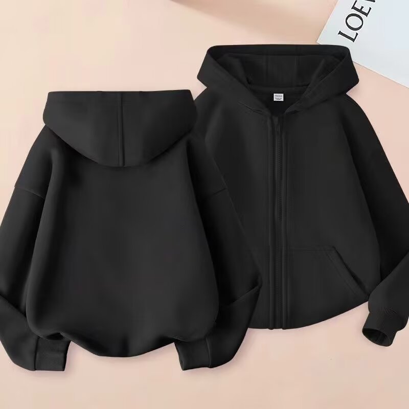 Boys and Girls Spring and Autumn Thin Cardigan Fashion Hooded Sweater Middle and Big Children Solid Color Casual Coat Zipper Sweater Trendy