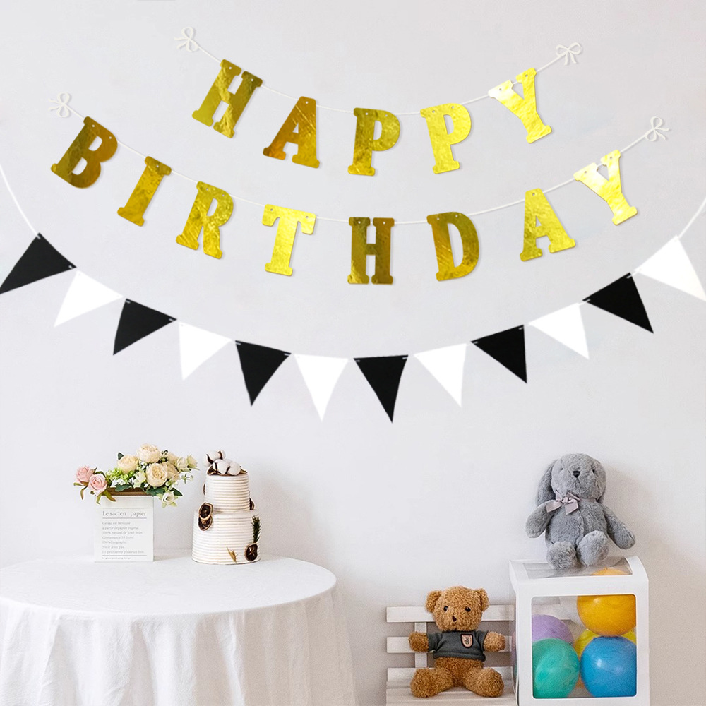 Golden Happy Birthday Hanging Flag Black and White Triangular Bunting Party Party Decoration Photo Props Restaurant Layout Hanging Decoration
