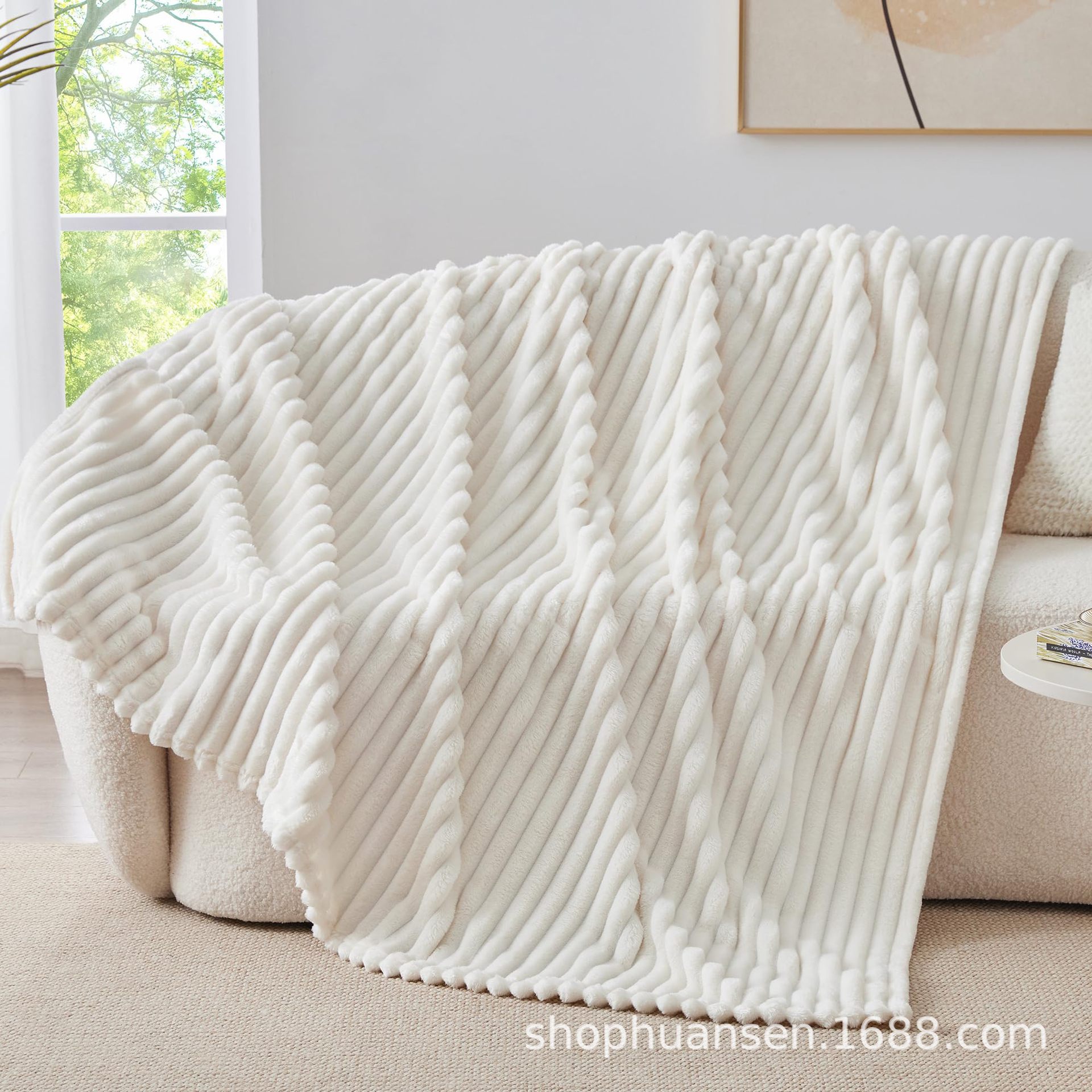 Blanket for Sofa - 300 Gsm Soft Warm Stuffed Cream White Striped Decorative Blanket