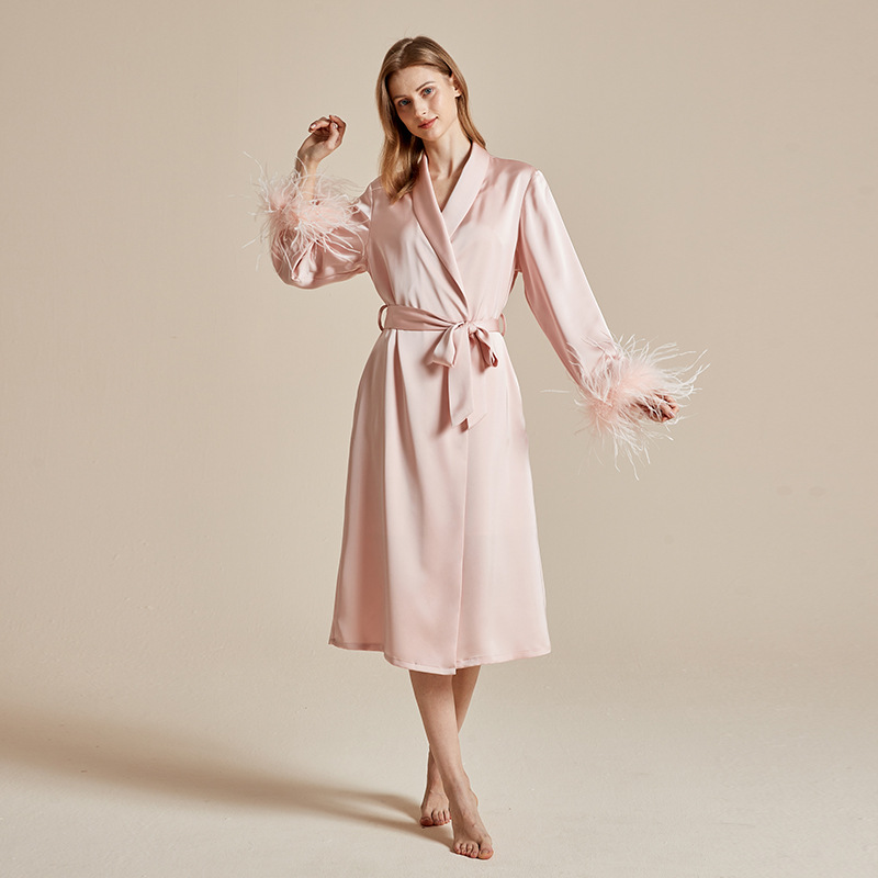Can Be Worn Outside, Feather Nightgown, French Wedding Dressing Gown, Female Bride's Sexy Imitation Silk High-End Spring and Autumn Pajamas