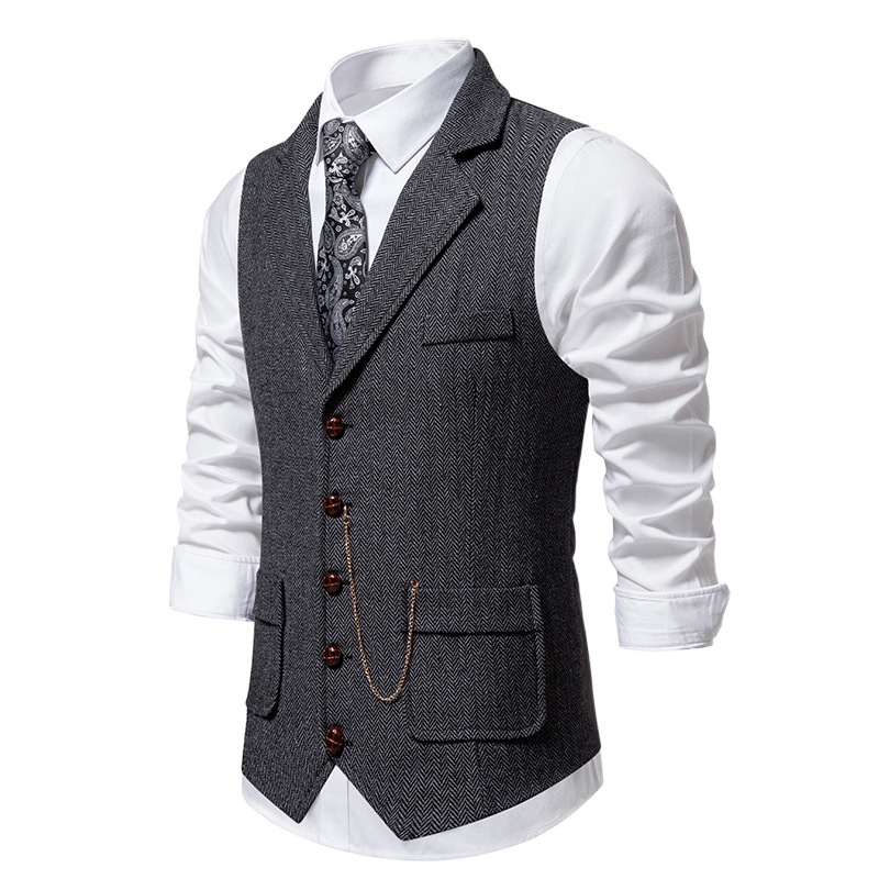 2025 Export New European Size Men's Tweed Suit Collar Vest Retro Chain Decorative Herringbone Vest Horse