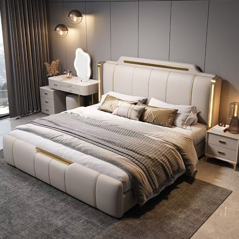 Master Bedroom Bed, New Italian-Style Light Luxury Leather Bed, Modern Minimalist Leather Bed, Master Bedroom Elegant High-End Double Bed, Upholstered Wedding Bed
