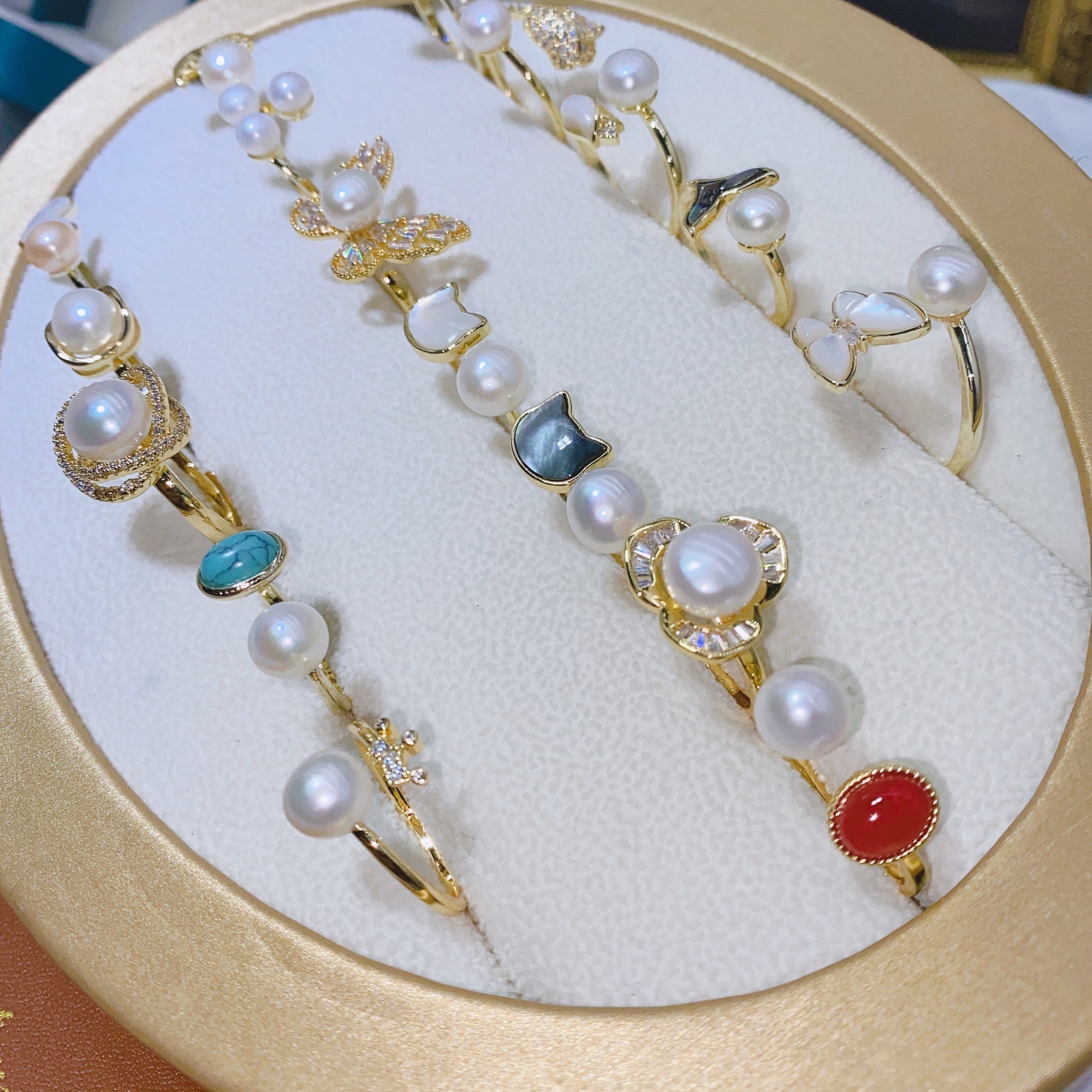 Dan Tao Jewelry High-Quality Natural Pearl Ring with Gold Inlay, Multi-Bead Finished Product, Adjustable Size, Wholesale, Fugitive Princess