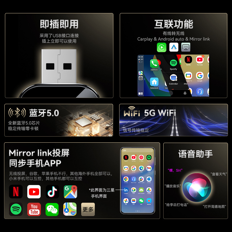 Wired to Wireless Carplay Adapter Mirror Projection 3in1 Android Auto Wireless Carplay Box